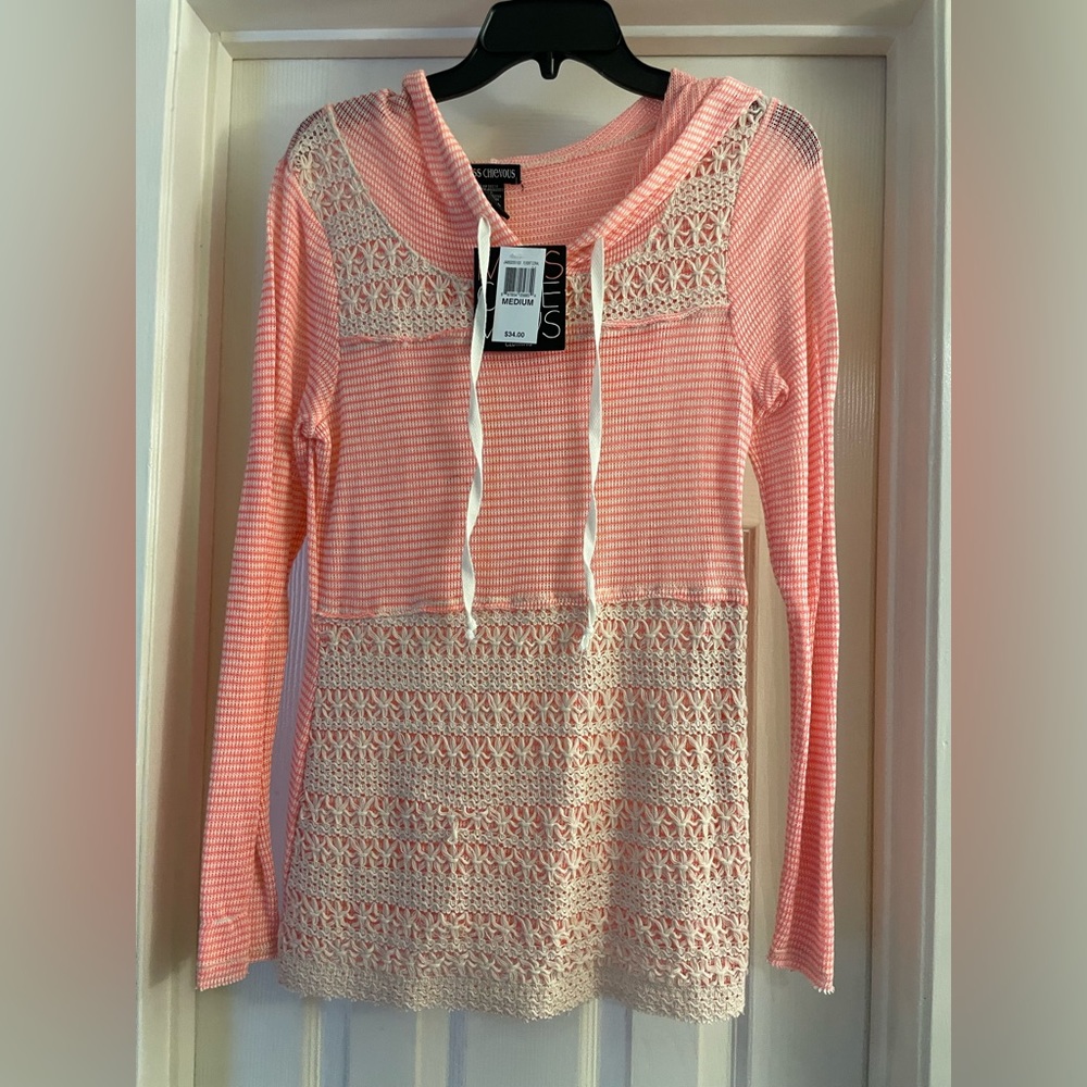 Mischievous NWT Coral and Cream Lightweight Crochet Hoodie Top  Sz M